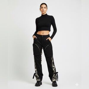 Chicways Camo Cargo Pants Small Black Gray White Baggy Utility Streetwear